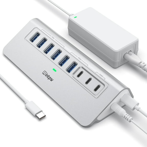 Intpw 9-Port 10Gbps Powered USB Hub, Aluminum 45W PD Docking Station with USB-C & USB-A 3.2 Ports, 65W Adapter for Laptop, MacBook, PC