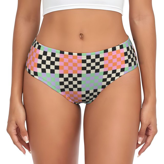 Balery Colorful Checkered Ropa Interior de Algodón para Mujer con Dibujo – Braguitas Cómodas y Elásticas, Estilo Clásico-X-Small