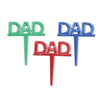 DAD Father's Day Red Blue Green -24pk Cupcake / Desert / Food Decoration Topper Picks with Favor Stickers & Sparkle Flakes