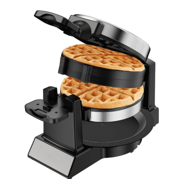 Double Waffle Maker, 1400W Rotating Belgian Waffle Iron with Nonstick Plates, 180° Flip, 8-Slice, Removable Drip Tray, Locking Lid & Cool Touch Handles, Stainless, Black