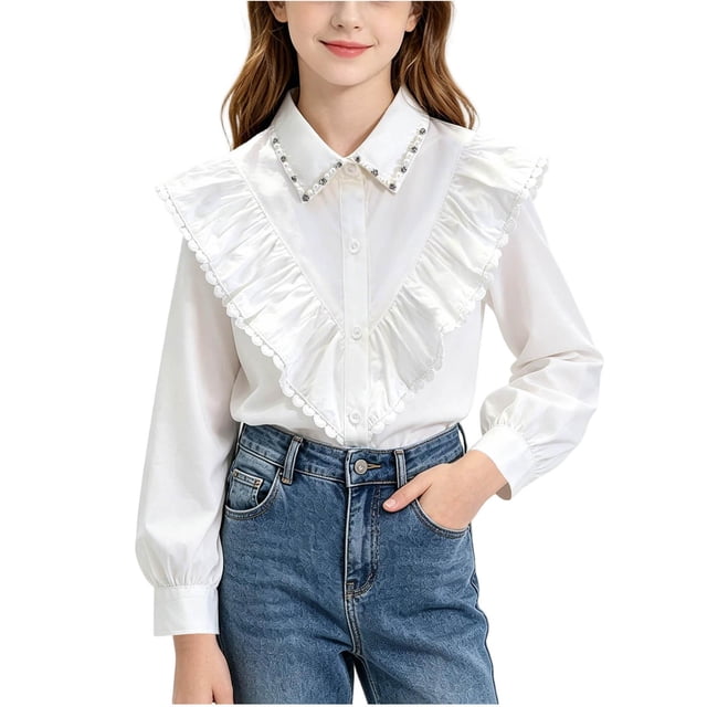 Odeerbi Camisa de Vestido de Algodón Para Niñas Peter Pan Collar Ruffle Camisas de Uniforme Escolar de Manga Larga