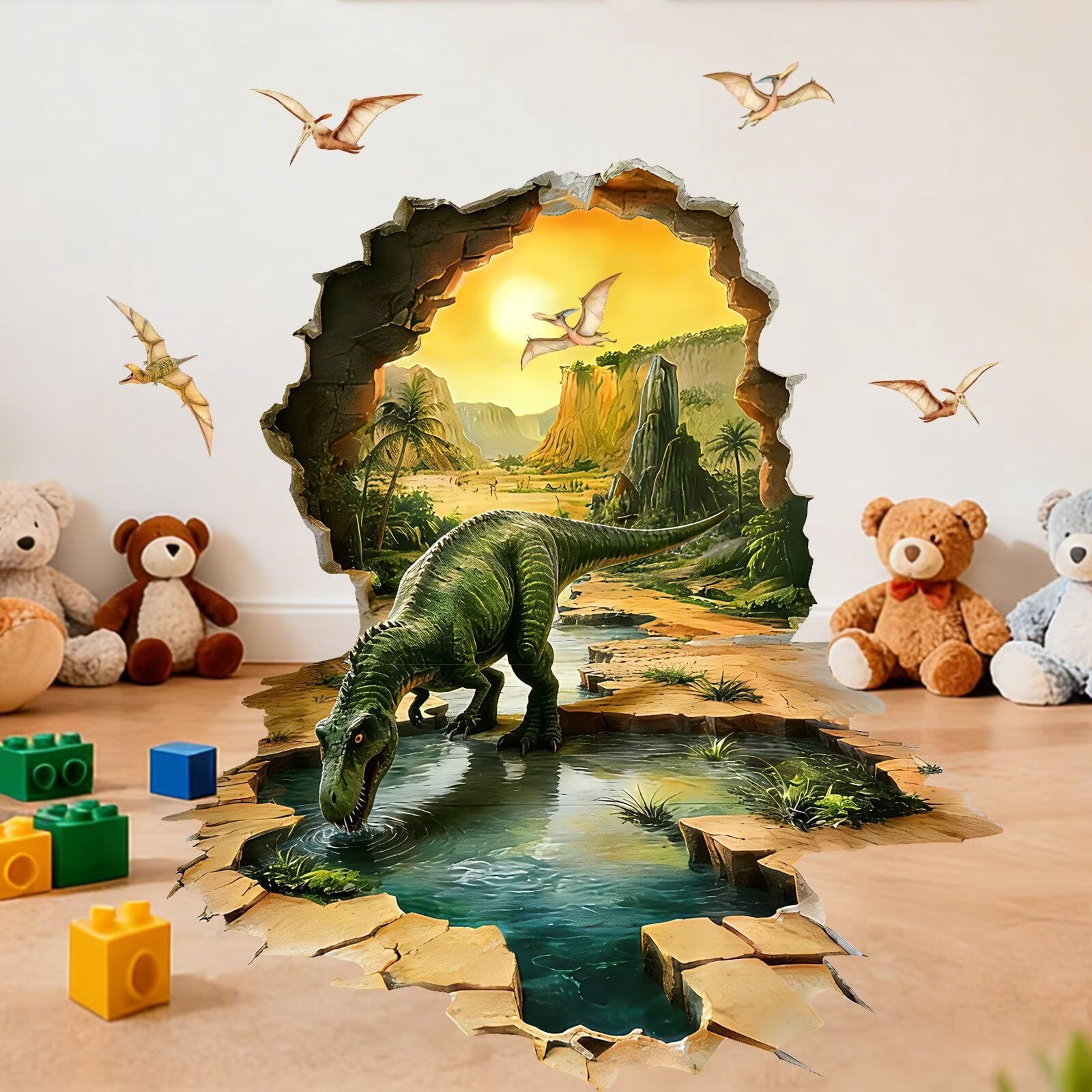3D Large Dinosaur Wall Stickers Dinosaur Crack Hole Dinosaur Animal Peel and Stick Wall Art Decals for Boys Room Baby Nursery Kids Bedroom
