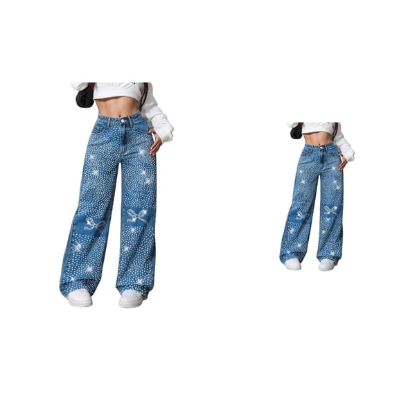 High Waisted Loose Fit Straight Leg Jeans for Women Blue Baggy Denim Pants with Rhinestone Accents, Cute Bow Detail, Casual Scene Outfit