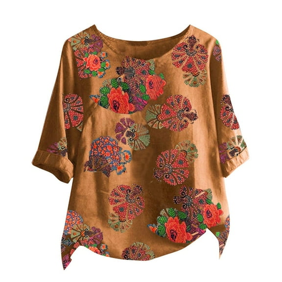 JUPAOPON Womens Tops Clearance Under $5 Fashion Women Cotton Linen Short Sleeve Printed O-Neck Ladies T-Shirt Tops