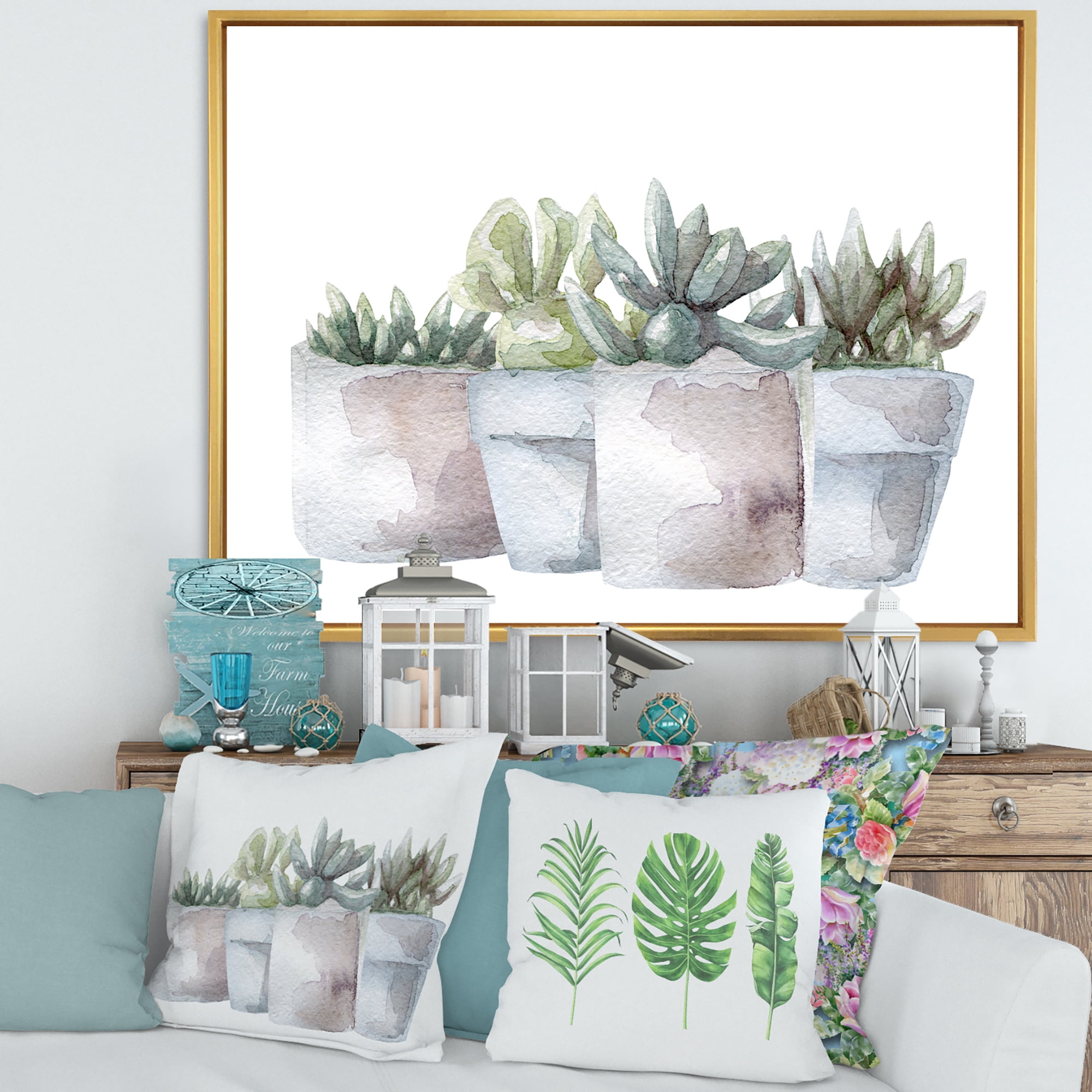 Designart 'Succulent and Cactus House Plants III' Farmhouse Framed Canvas Wall Art Print