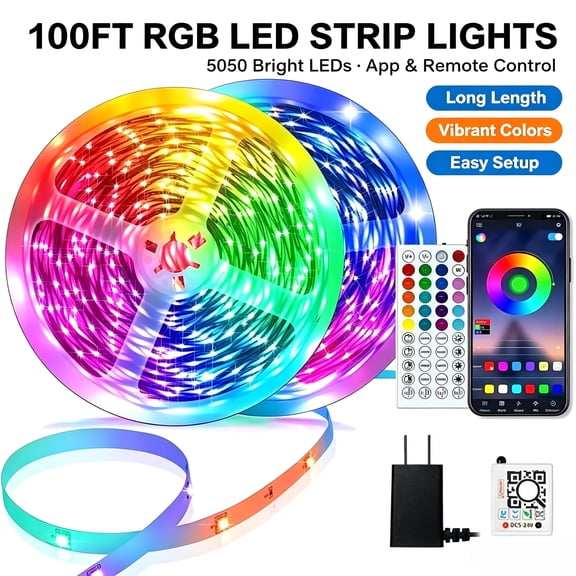 100FT RGB LED Strip Lights, 5050 Color Changing LED Light Strip with App & 44‑Key Remote Control, Music Sync LED Lights for Bedroom, Room, Home Party Decoration