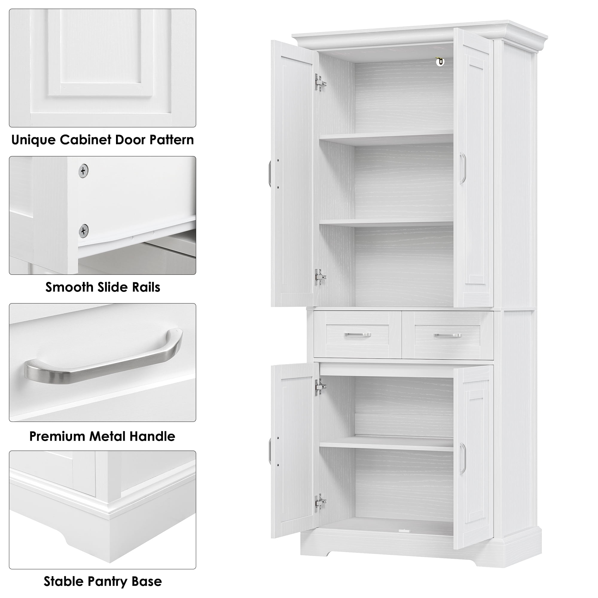 Homfa 70.9'' Tall Kitchen Pantry with 4 Doors, 2 Drawer Modern Freestanding Storage Cabinet for Dining Room Living Room, White