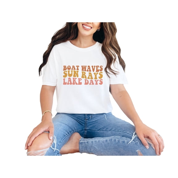 Boat Waves, Sun Rays, Lake Days, Summer Quote, Groovy Retro Wavy Text, White Comfort Colors T-Shirt, Small