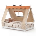 thumbnail image 1 of Gymax Twin Size House Floor Bed w/ TentWood Bed Frame w/ Roof Window & Fence Rails White & Orange, 1 of 10