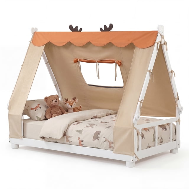 Gymax Twin Size House Floor Bed w/ TentWood Bed Frame w/ Roof Window & Fence Rails White & Orange