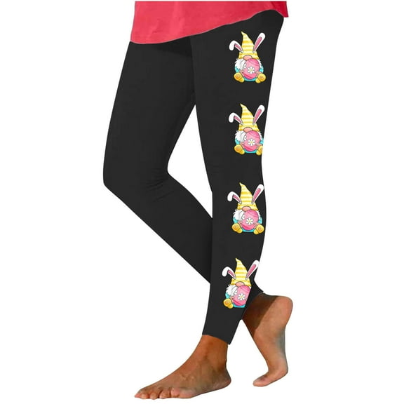 Lilgiuy Easter Leggings for Women Cute Gnome Eggs Print High Waist Stretchy Yoga Pants Comfy Soft Skinny Workout Tights for Outdoor Spring Outings(Black,S)