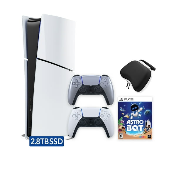 PlayStation 5 Slim Digital 825GB SSD ASTRO BOT Console with Two Controllers, White and Sterling Silver DualSense and Hard Shell Protective Controller Case - PS5 Slim Digital Console