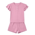 thumbnail image 3 of EnJoCho Girls Summer Outfit 2 Piece Kids Double Sleeve Button T-Shirt Baggy Cotton Elastic Waist Shorts Set Cute Casual Plain Outfit Girls Shirt and Shorts Set Kindergarten Starter Pack, 3 of 6