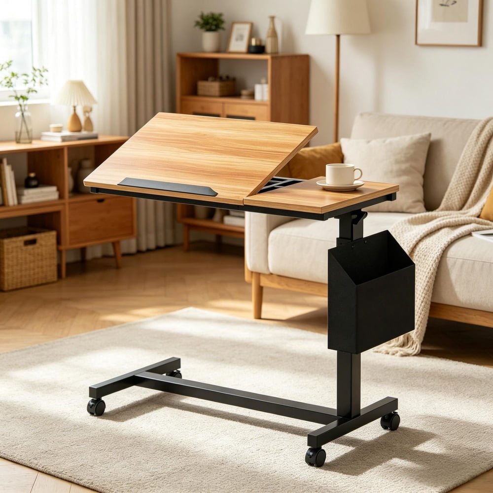 Height Adjustable C-Shaped Side Table with Tilting Top & Wheels, Mobile Laptop Overbed Table with Magazine Holder, 45 lbs Capacity for Sofa Bedroom