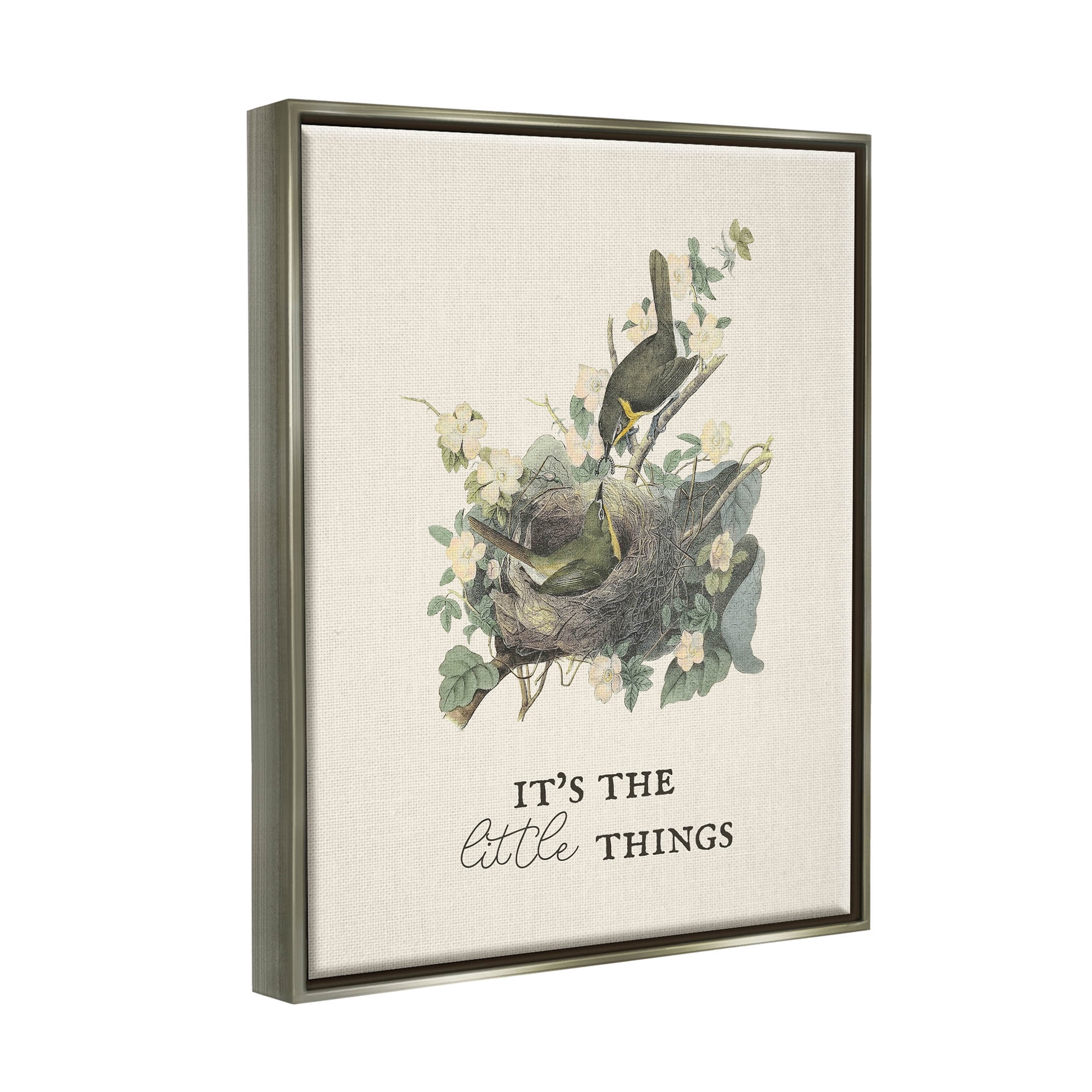 Stupell Industries It's The Little Things Bird Nest Graphic Art Luster Gray Floating Framed Canvas Print Wall Art, Design by Lil' Rue
