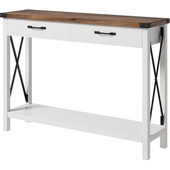 31In Narrow Console Table with 2 Drawers and Open Shelf - Industrial Sofa Table for Living Room Entryway White