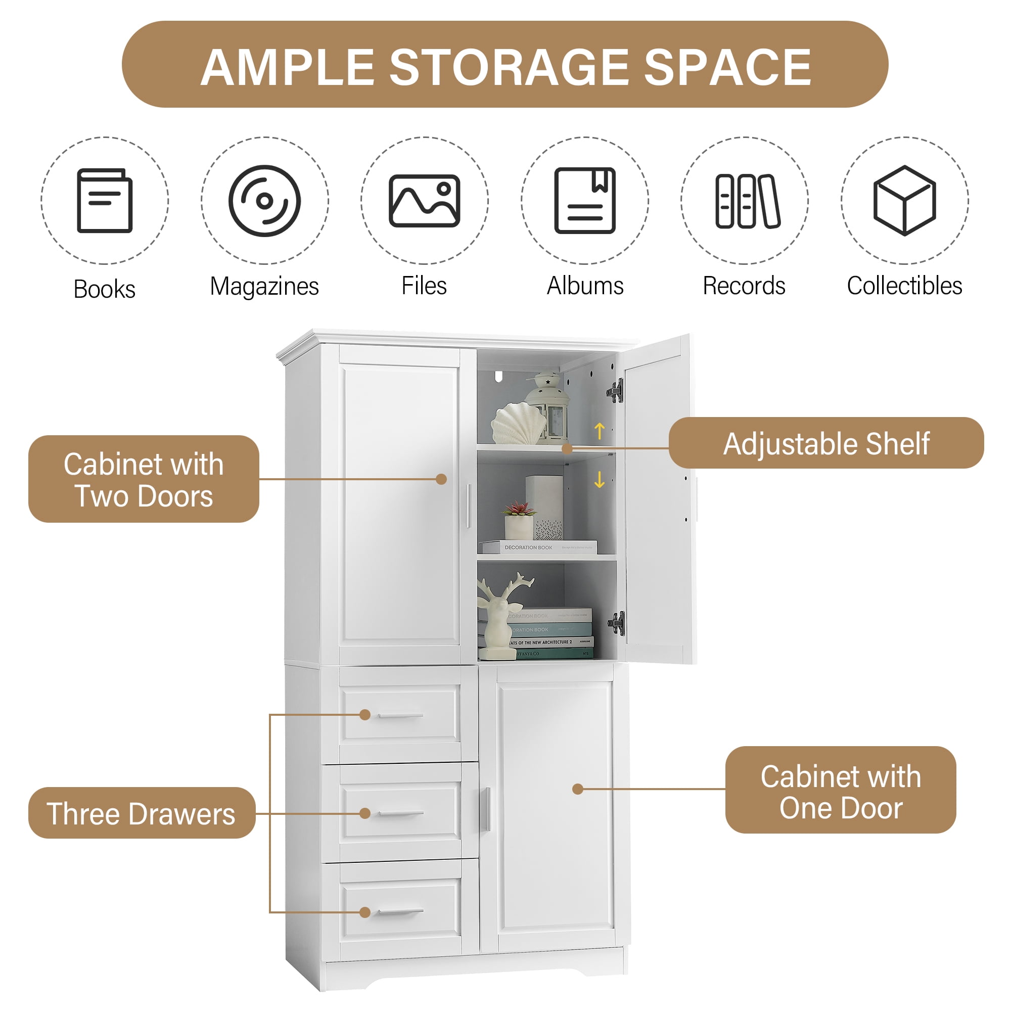 Harper & Bright Designs Tall and Wide Bathroom Storage Cabinet with Drawers and Doors, Modern Bathroom Floor Storage Cabinet with Shelf, White