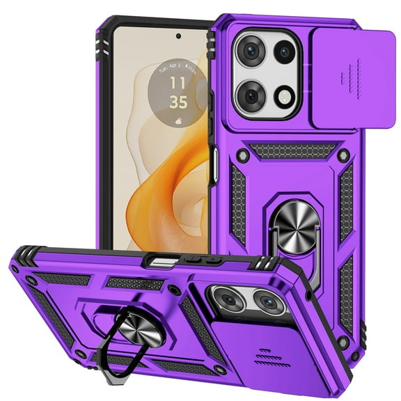 ELEHOLD Rugged Case for Motorola Moto G (2025),Heavy Duty Slide Lens Protective Case 360° Ring Holder Kickstand Magentic Shockproof Cover for Motorola Moto G (2025), Purple