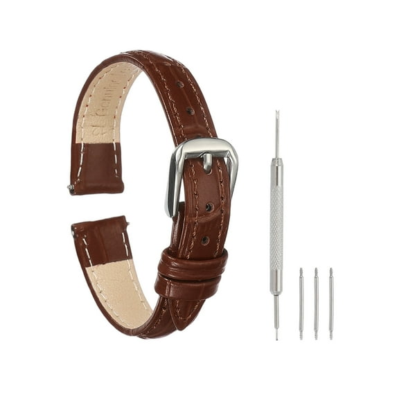 Uxcell Leather Watch Bands for Men and Women, 12mm Crocodile Pattern Quick Release Watch Strap Replacement, Flat Thin Elegant Leather Strap with Tools, Brown