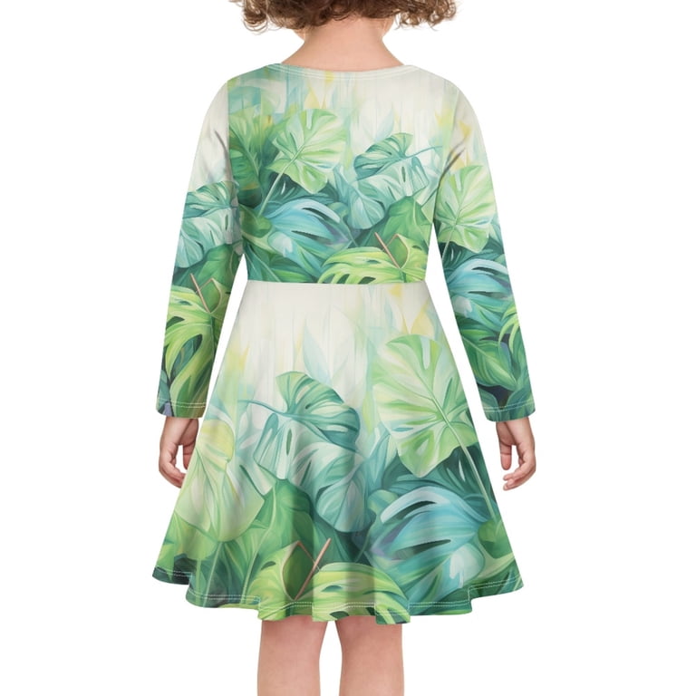 DISNIMO Girls Palm Leaf Dress Girls Size 15-16 Dresses for Girls Long Sleeve Midi Dresses Kids School Dresses for Girls Dance Cute Fall Dresses for Teen Girls Casual Dress Long Sleeve Skater