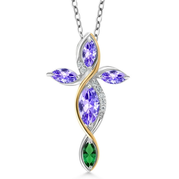 Cross Necklace for Women in 925 Silver and 10K Yellow Gold with Blue Tanzanite and Green Nano Emerald | 1.48 Cttw | Jesus Christian Religious Crucifix | Marquise 8X4MM | With 18 inch Chain