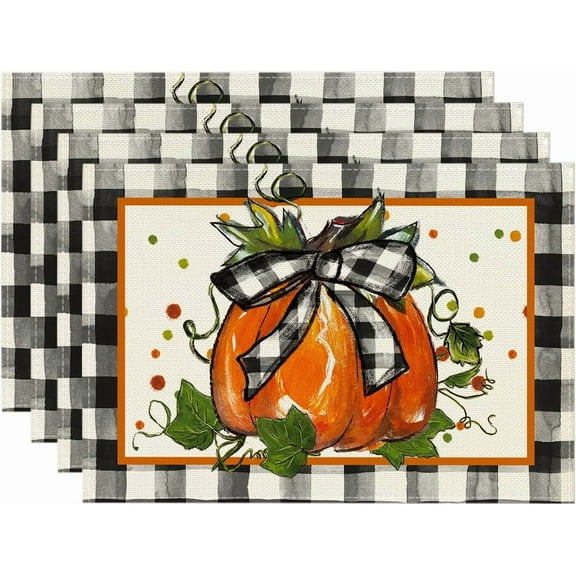 Pumpkin Buffalo Plaid Fall Placemats Set of 4, 12x18 Inch Seasonal Autumn Table Mats for Outdoor Home Party Dining Decoration