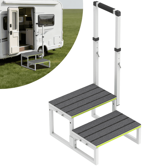 RV 2-Step Portable Stairs with Adjustable 26"–38" Handrail, Dual-Side Support & Wide Anti-Slip Treads for RVs, Porches, Hot Tubs, Pools & Pets