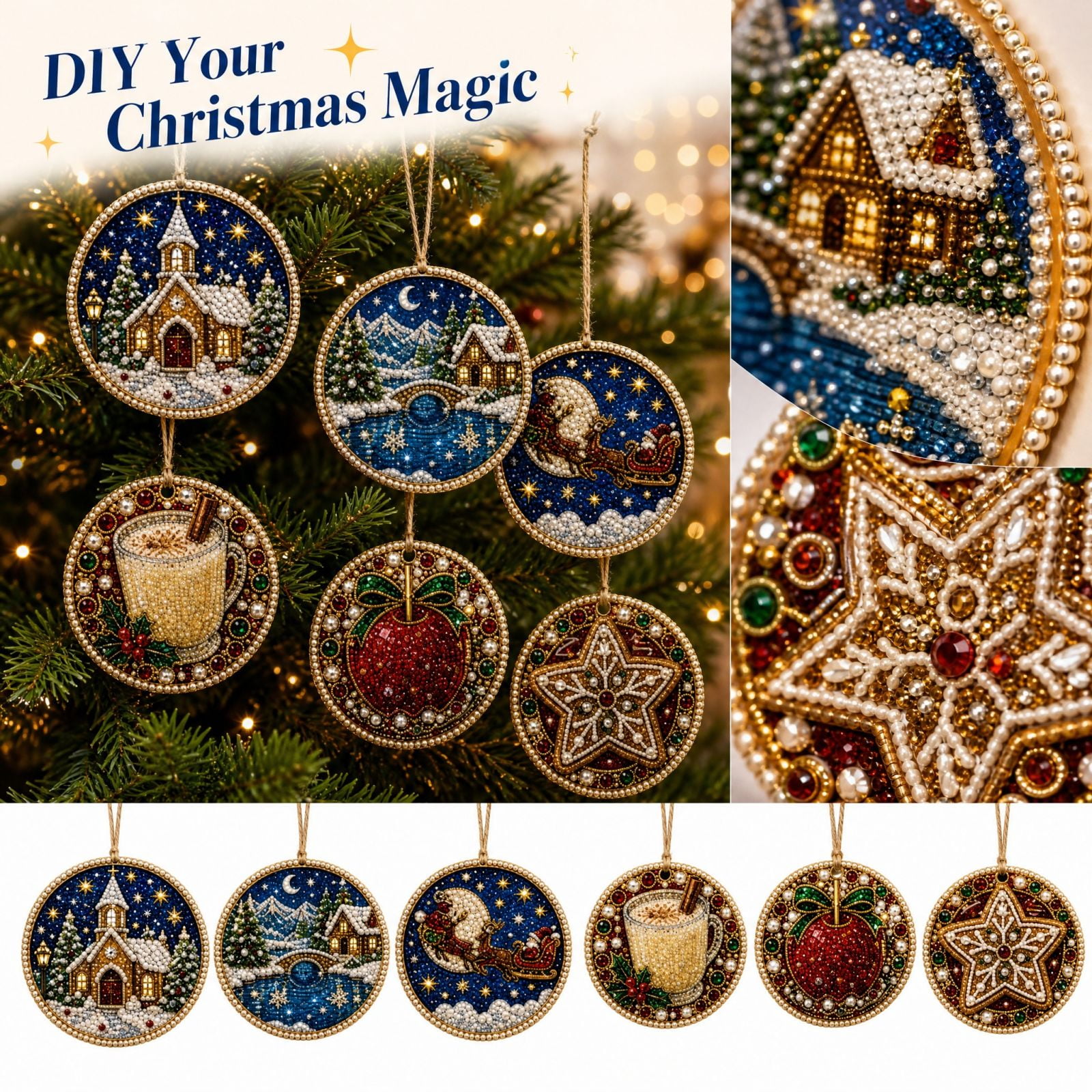 Christmas Tree Ornaments Set 6 Piece Diy Diamond Art Wooden Hanging Decorations for Holiday Home Gifting