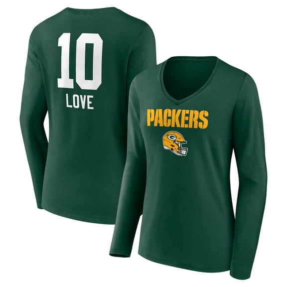 Women's Jordan Love Green Green Bay Packers Team Wordmark Name & Number Long Sleeve V-Neck T-Shirt