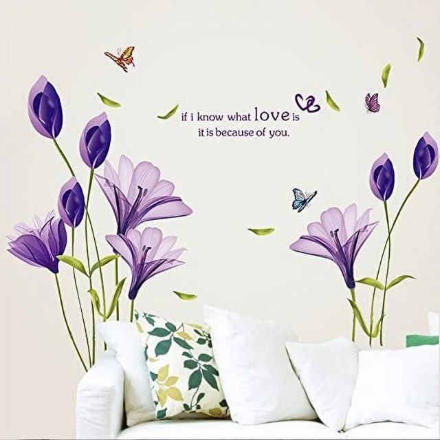 LiveGallery - Calcomanía de pared con diseño de flor de lirio, extraíble, para bricolaje, mariposa, flor, vid, decoración de pared, mural para sala de estar, TV, fondo, habitación de niños y niñas, decoración de dormitorio (morado) Ormromra WMPH-1826