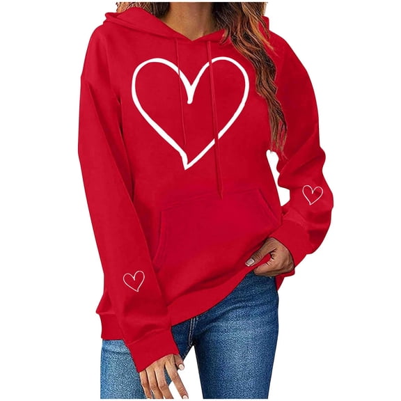 Fewfanhot Womens Sweatshirt Loose Valentines Day Heart Print Hoodies Trendy Long Sleeve Pullover Comfort Colors Graphic Sweatshirts