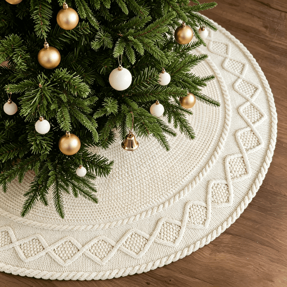 SINKOO 48inch Christmas Tree Skirt, Cable Knit Tree Skirt for 7.5FT Tree, Cream White