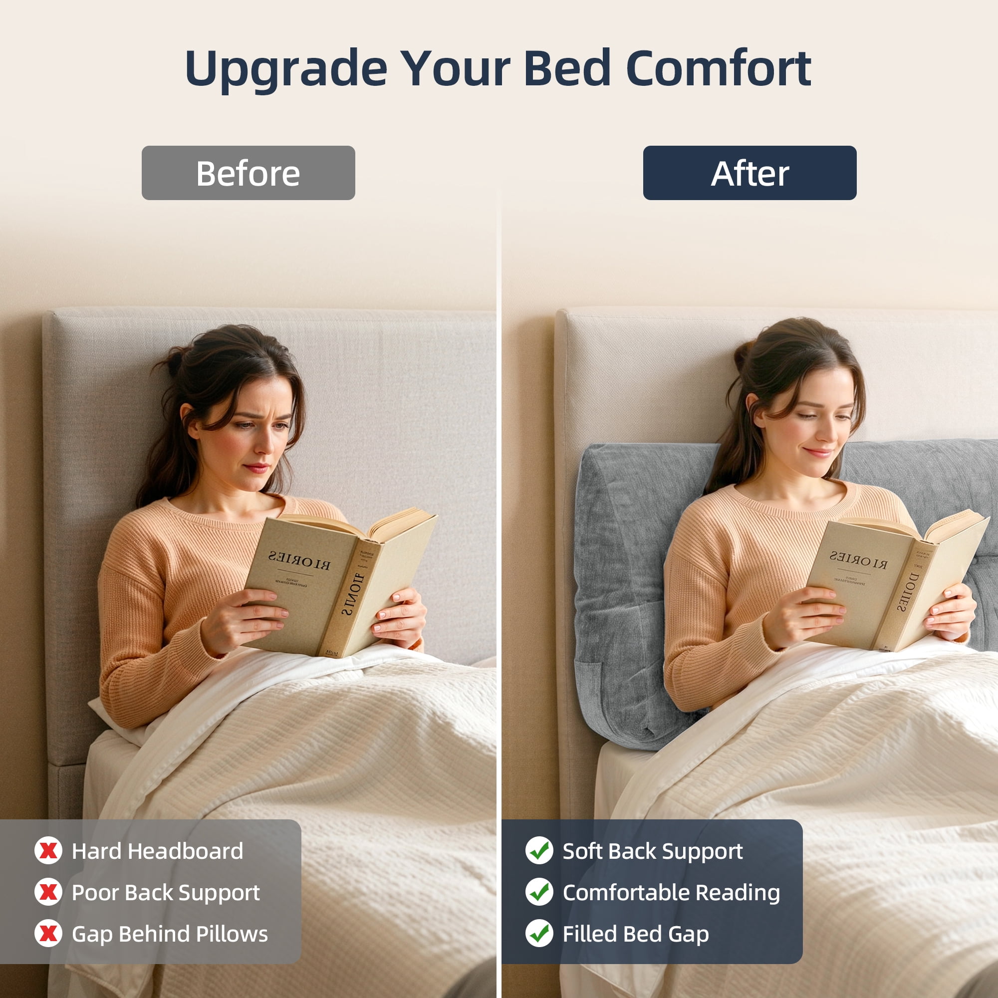 ROFIEJOX Queen Headboard Pillow, 59" x 20" x 7.9" Bed Backrest Pillow with Extra Removable Cover, Tufted Reading Pillow with Side Pockets, Gray