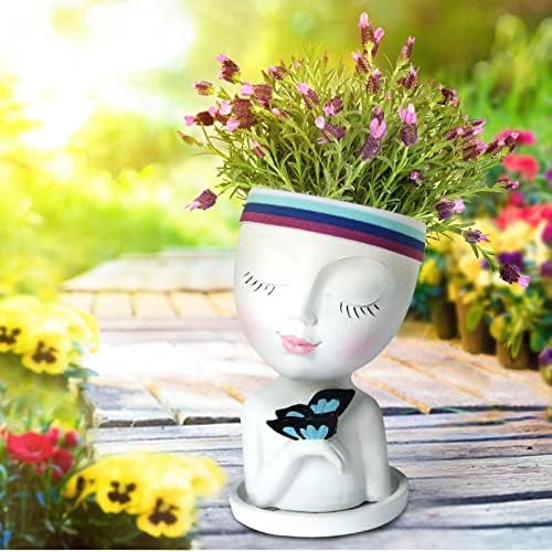 Face Planter/Flower Pot for Indoor Outdoor Plants Resin Succulent Planter with Drainage Hole Cute Lady Face Plant Pots
