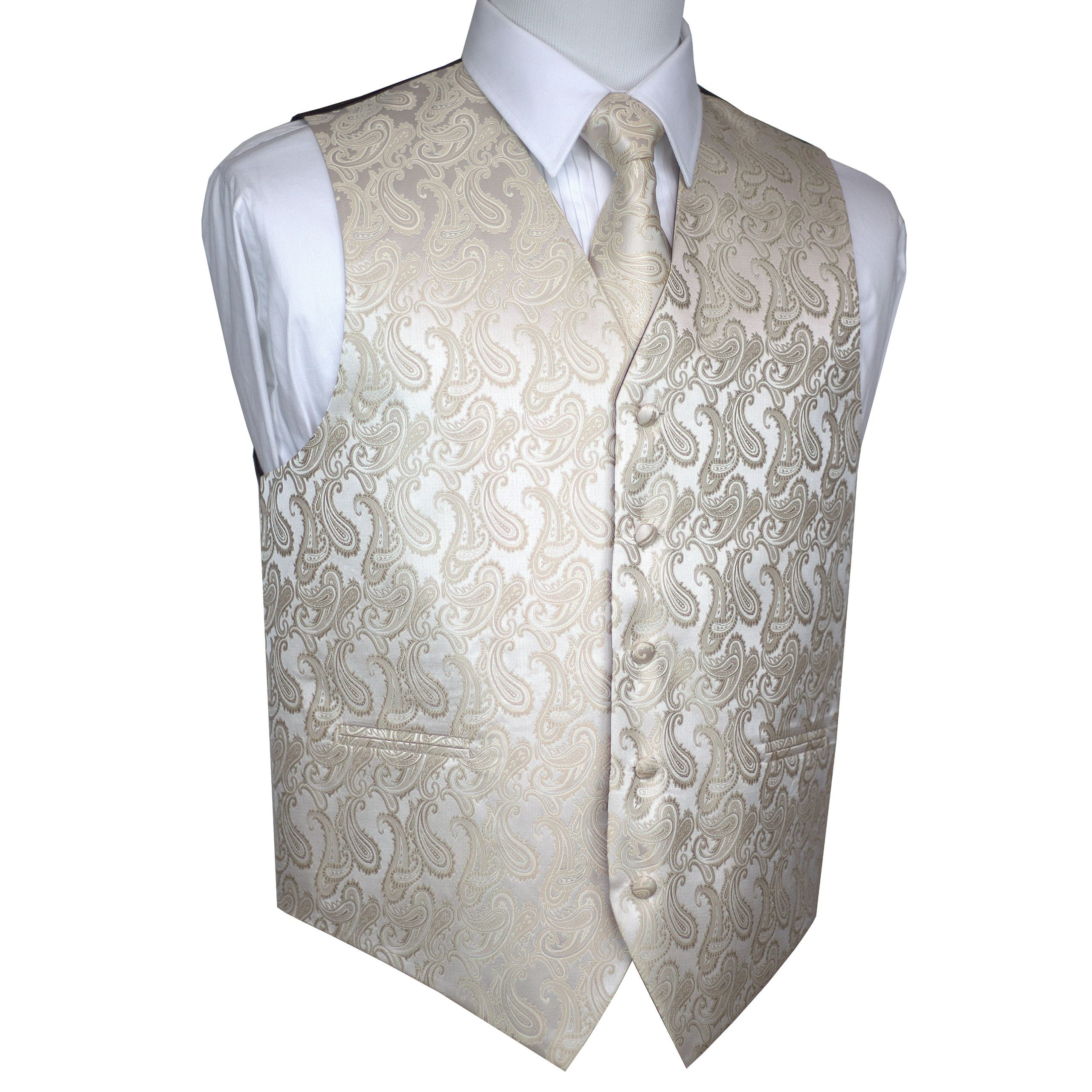 New formal men's tuxedo waistcoast vest_bowtie White Paisley wedding party prom 