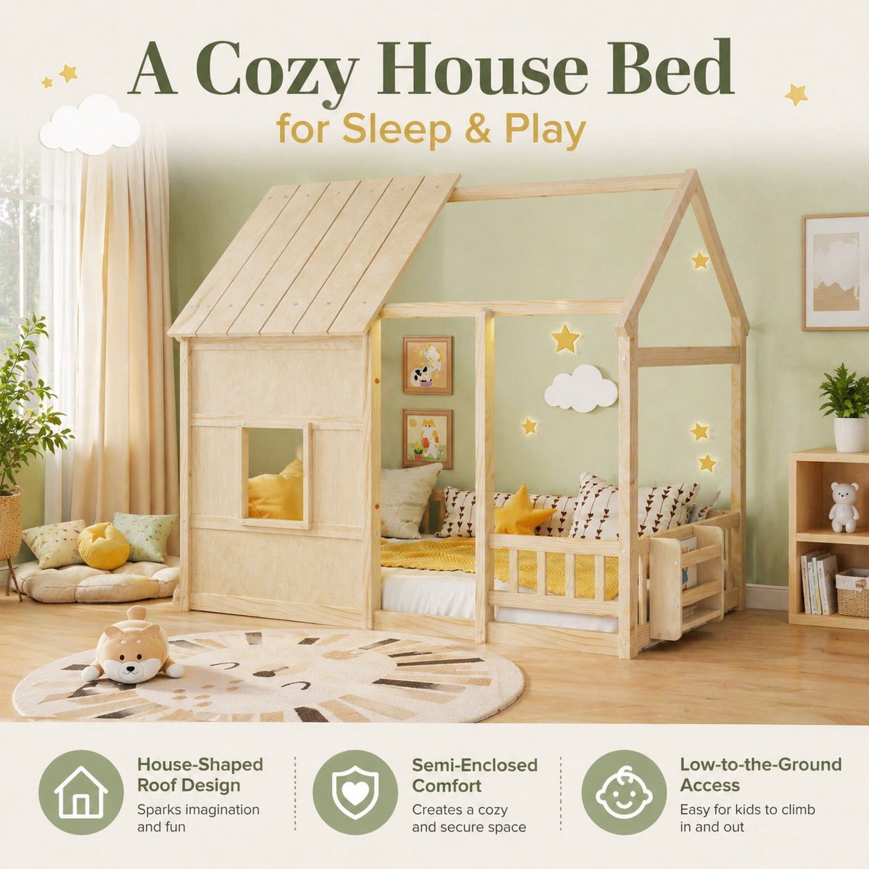 Miniyam Montessori Floor Bed with Roof and Guardrails, Kids House Bed Frame with LED Lights and Bookshelf, Natural