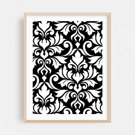 Flourish Damask Art White on Black - Digital Art Pattern Black and White Floral Geometric Art Deco Abstract Vintage Oak Framed Wall Art Print 11 x 14 inches