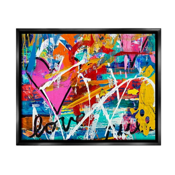 Stupell Industries Urban Heart Graffiti Collage Abstract Painting Black Floater Framed Canvas Art Print Wall Art, 21 x 17