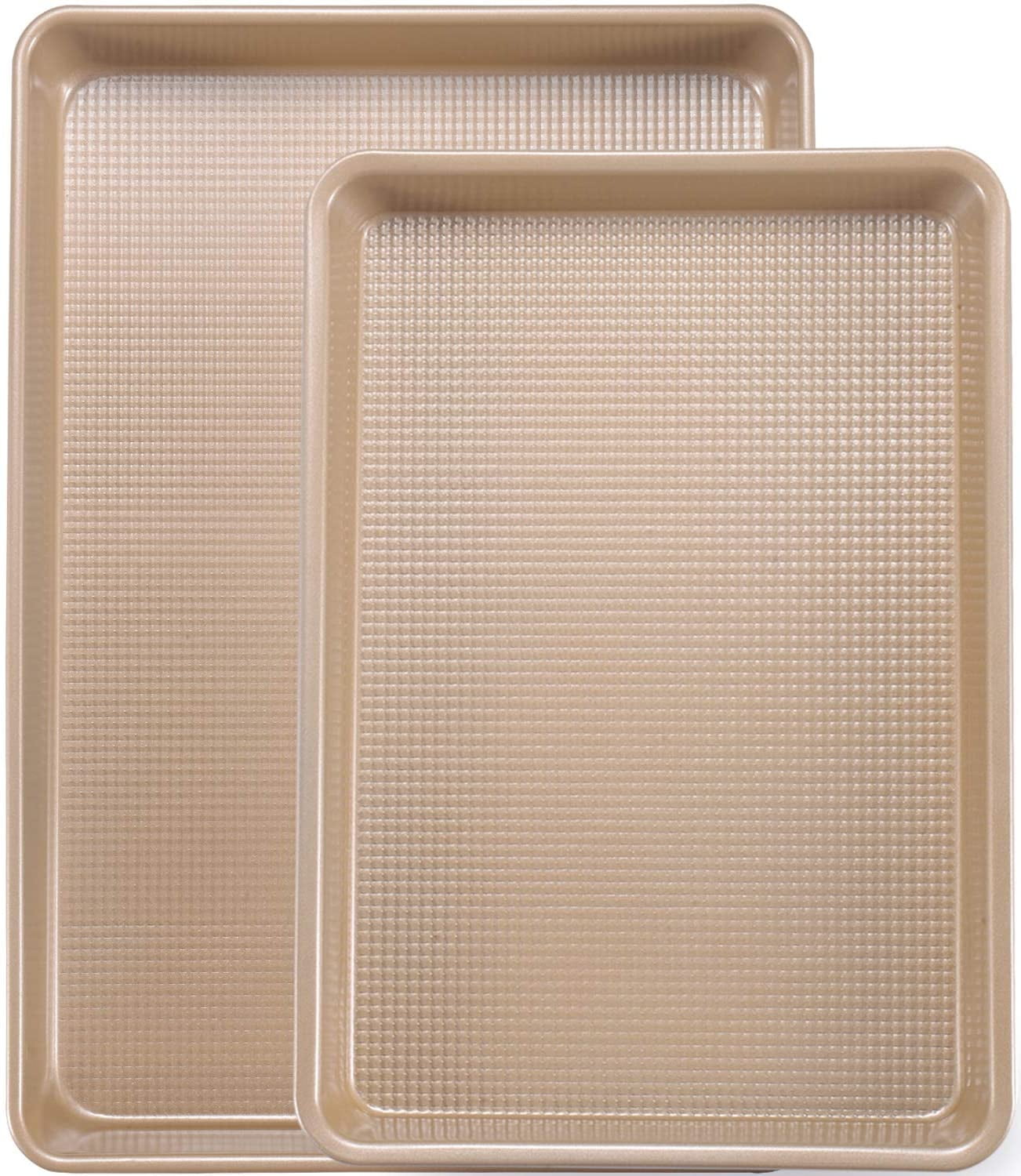 Nonstick Baking Sheet Pan Set 2 Pack Heavy Duty 0.8mm Quarter and Jelly Roll Sizes with Diamond Texture Oven Safe Gold Finish