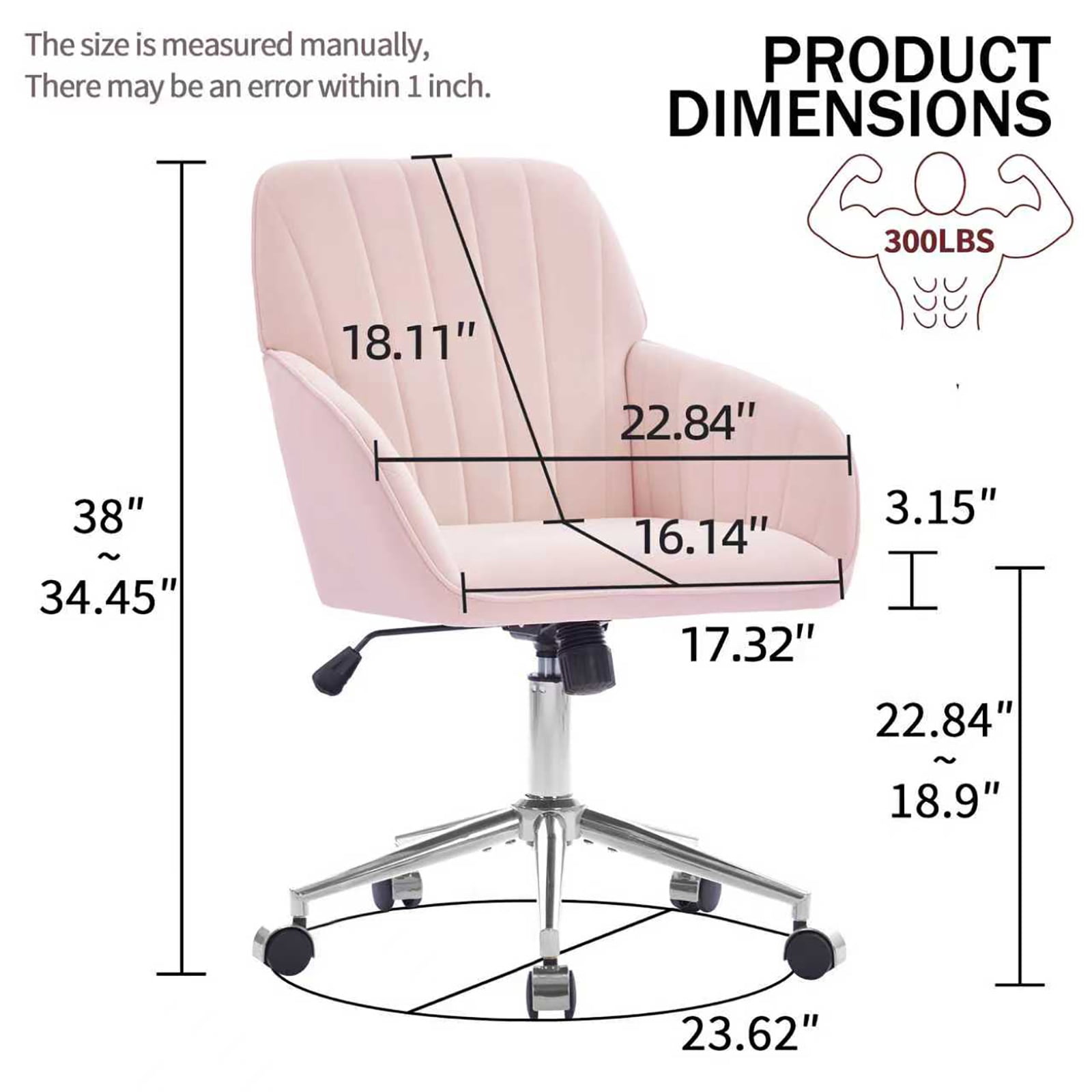 PORKISS Vanity Chair, Swivel Home Office Chair, Ergonomic Desk Chair with Silver Metal Base, Adjustable Height, Velvet Upholstered Task Chair, Baby Pink