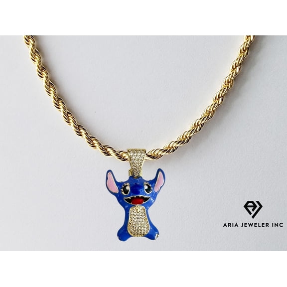 14k Bonded Gold Necklace with Stitch Pendant, Best Christmas Unisex Gift for Women, Men Mother, Father, Girlfriend, Boyfriend, Her, Him, Rope Chain with Charm by Artisan Jeweler