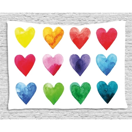 Hand Drawn Hearts (Valentine Tapestry, Rainbow Colored Heart Shapes in Watercolors Hand Drawn Romantic Cute Illustration, Wall Hanging for Bedroom Living Room Dorm Decor, 60W X 40L Inches, Multicolor, by)