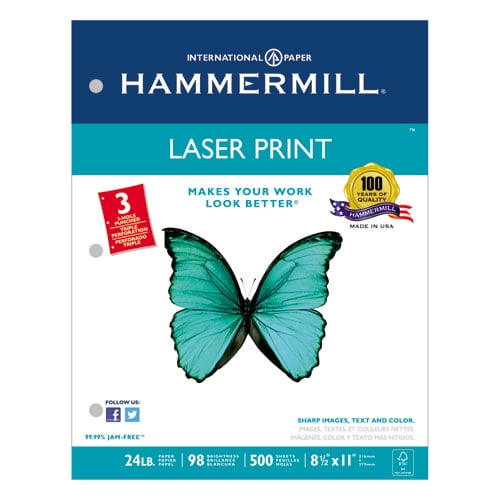 1PACK Hammermill Laser Print Office Paper, 3Hole Punch, 98 Brightness, 24lb, Ltr, White, 500/Rm