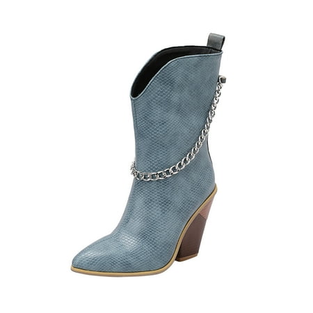 YHGFVOKJ Boots for Women Fashion Leather Metal Elastic Chain Decoration Pointed Toe Non Slip Thick High Heel Short Boots Shoes Shoes for Women Dressy Casual Blue 40