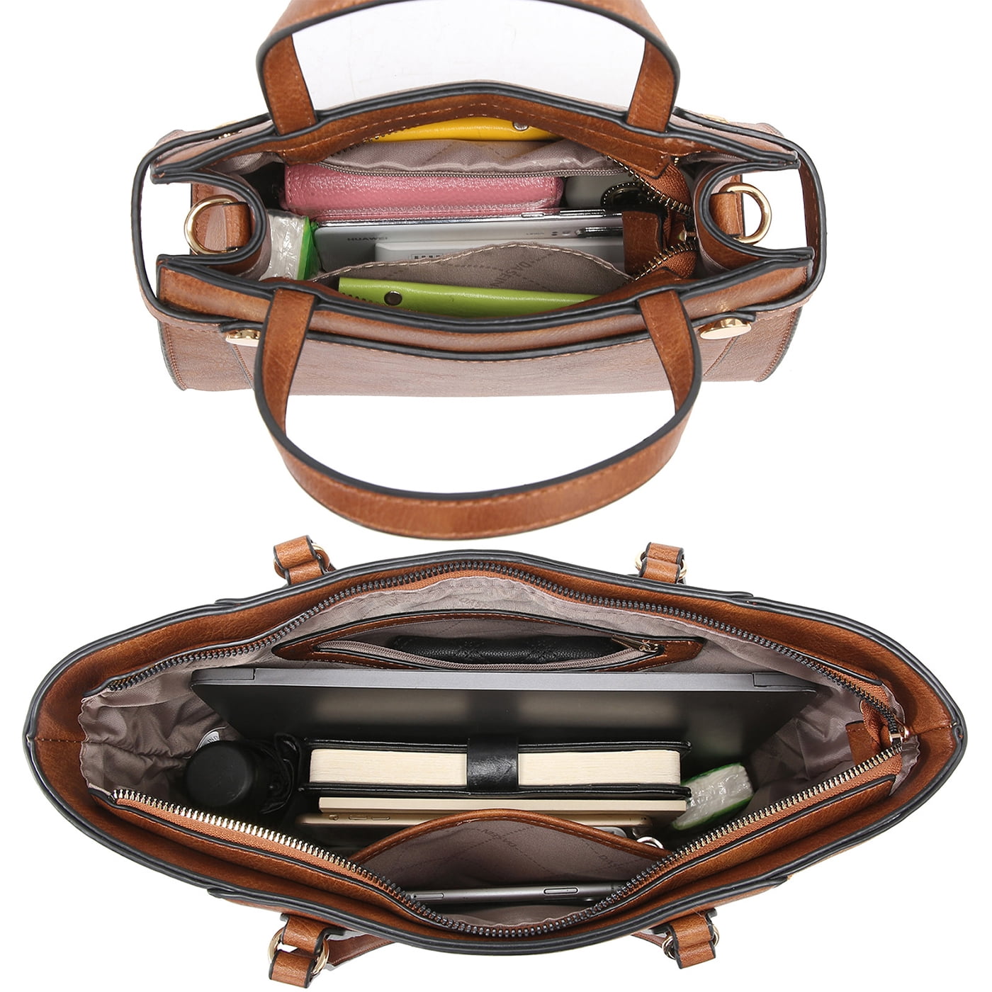 VANSARTO Women's Vegan Leather Tote Handbag Set, Brown, 3-Piece