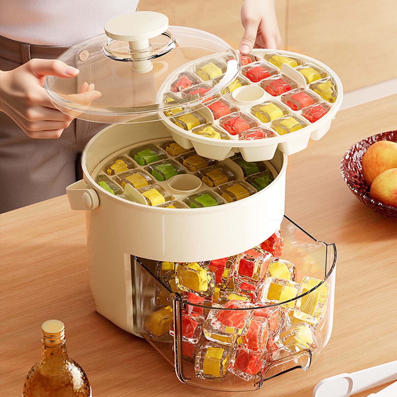 Ice Cube Tray with Lid and Bin,42 Grid Ice Cube Mold Two Layer Storage Box,Flexible Ice Cube Trays One-Click Demolding,Pull-Out Ice Drawer with Portable Handle,Whiskey Cocktail Tools Cream Maker