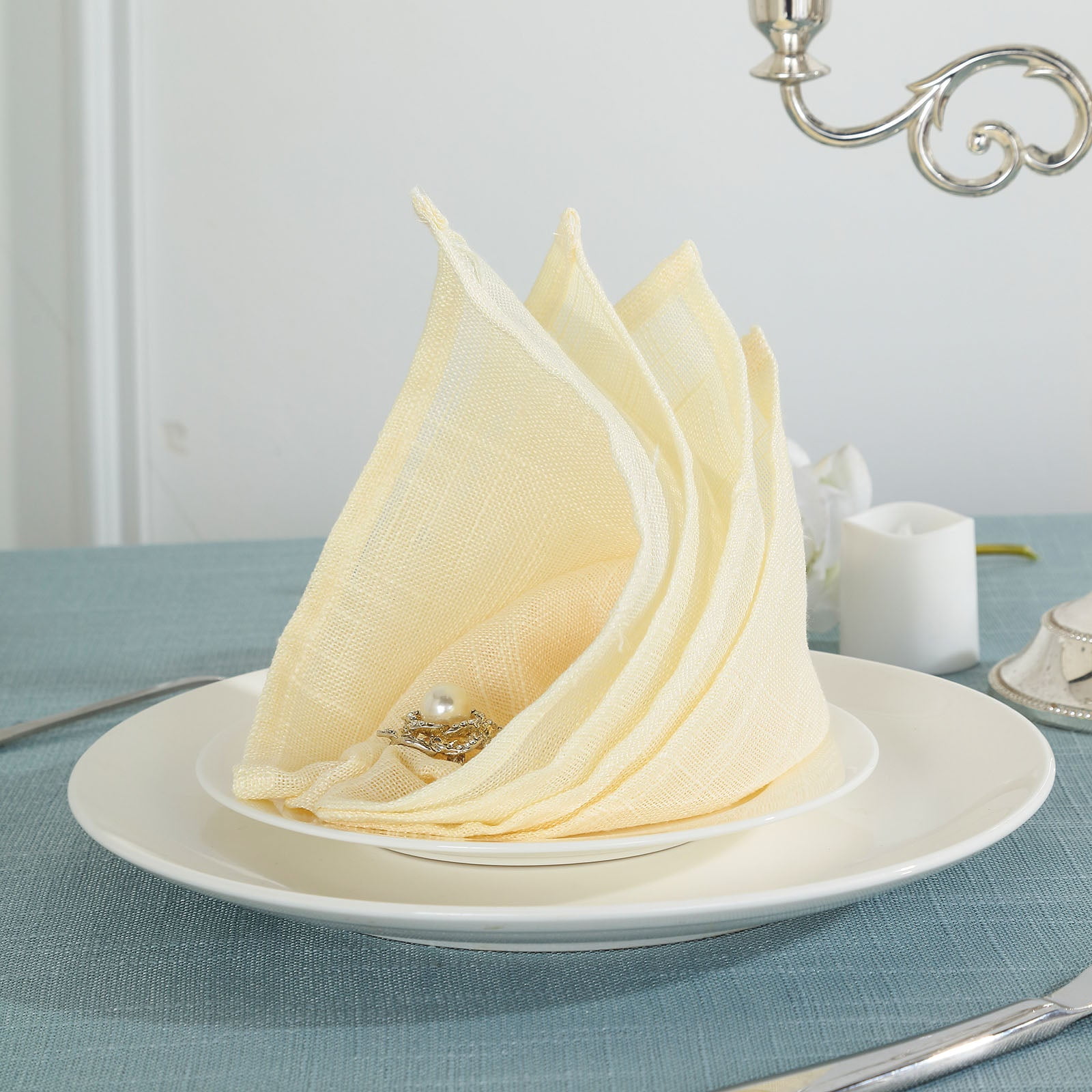 Efavormart 5 Pack IVORY 20"x20" Premium Faux Linen Napkins Slubby Textured Wrinkle Free Napkins