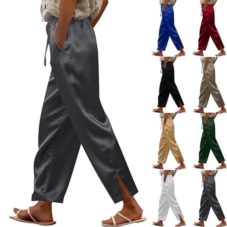 AGWOLF Wide Leg Satin Pants for Women Comfy Lounge Pant Summer Casual High Waisted Trousers with Pockets Loose Split Hem Drawstring Trouser Red XXL
