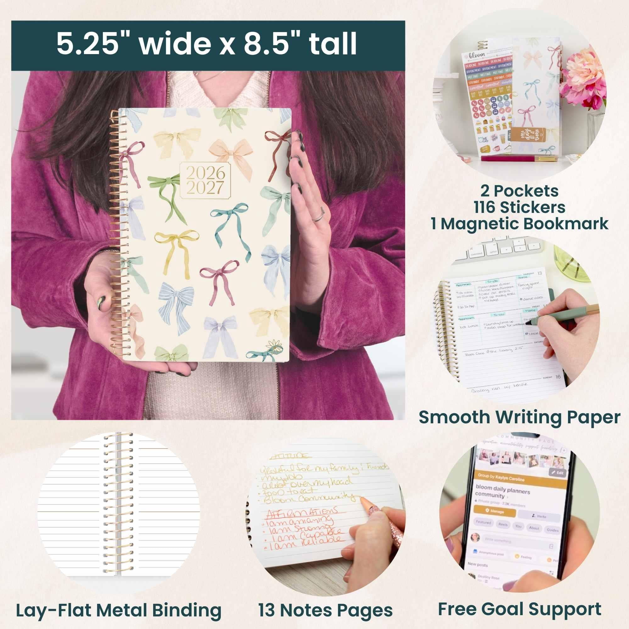 bloom daily planners 2026-2027 Academic Planner, 13 Month Monthly & Weekly Soft Cover, 5.5" x 8.25", Stickers Included, Bows