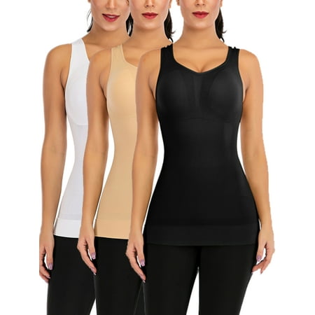 

LELINTA Women s 3 Pack Compression Camisole with Built in Bra Padded Lightweight TaLELINTA Top Removable Pad Stretch V Neck Wide Strap Camis Tops Shapewear